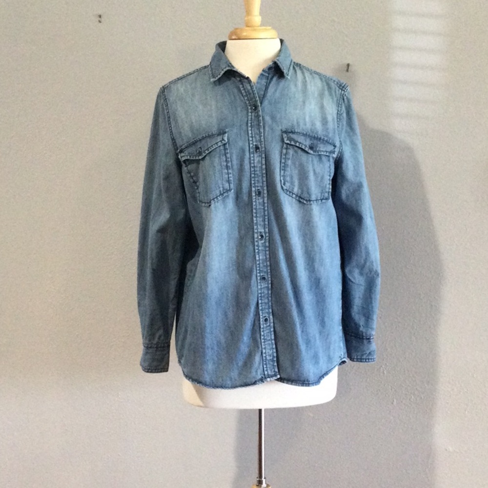 Joe Fresh 100% Cotton Long Sleeve High/Low Pocket Collared Button Front Shirt L